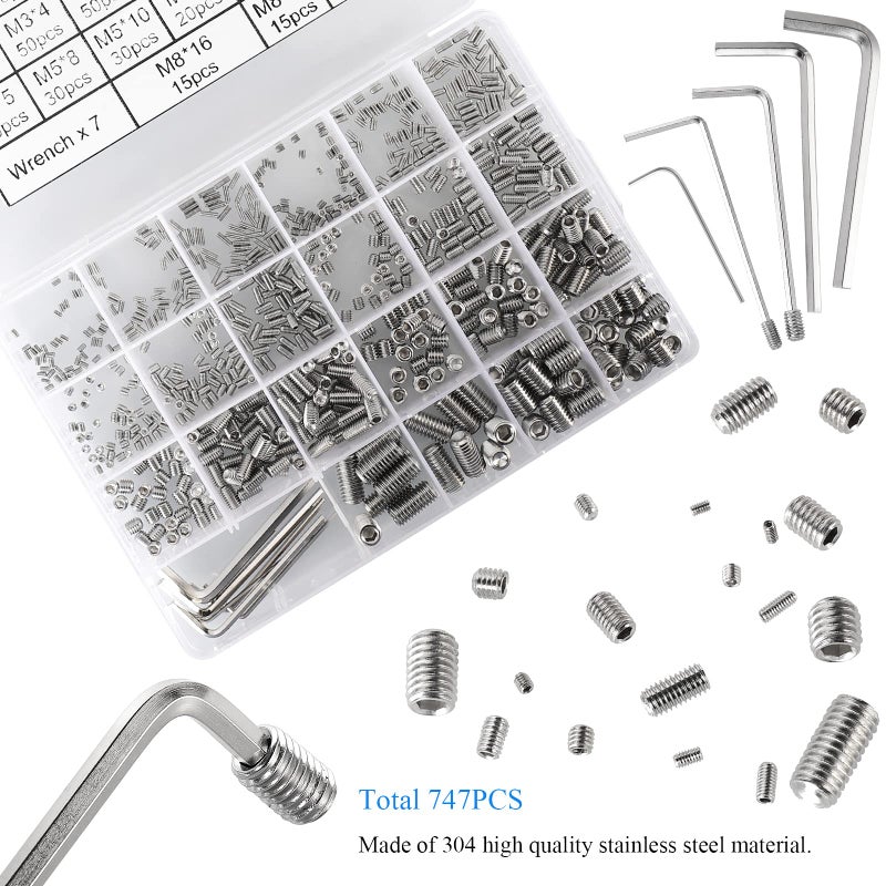 HanTof 747Pcs M2/M2.5/M3/M4/M5/M6/M8 Metric Hex Socket Head Cup Point Set Screws, Allen Head Grub Screws, Internal Hex Drive Headless Set Screws Assortment Kit with 7Pcs Hex Keys, 304 Stainless Steel - Image 2